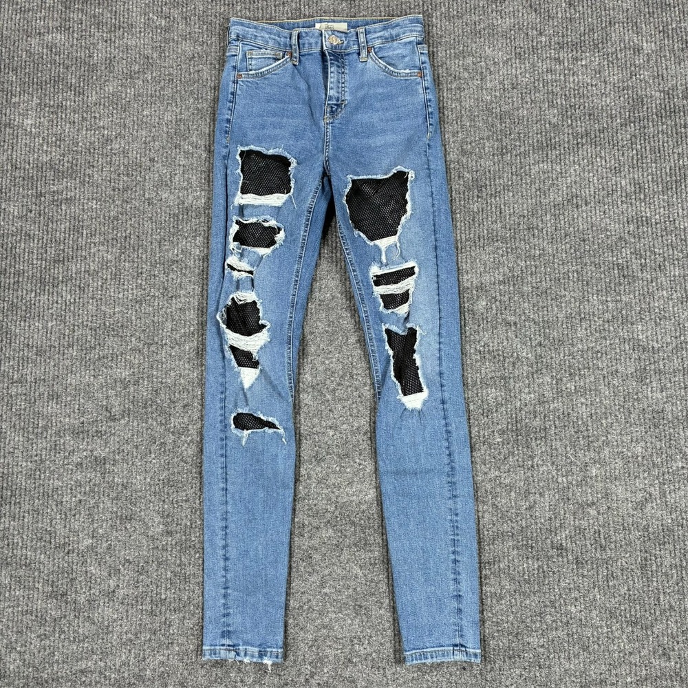 Topshop Moto Jamie Skinny Jeans Womens W26 L34 Blue Distressed Stretch Denim